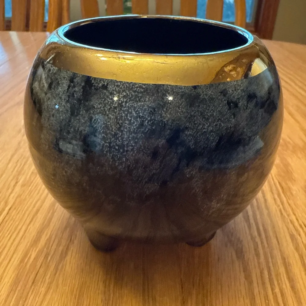 Vintage Glazed Ceramic Planter with Gold Rim